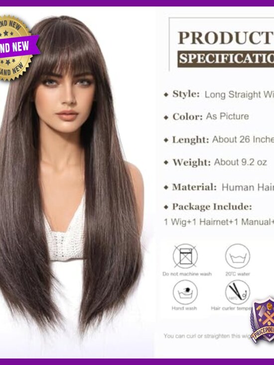 26 Inch Human Hair Wig Straight Layered Bangs Lightweight Natural Look main image 5